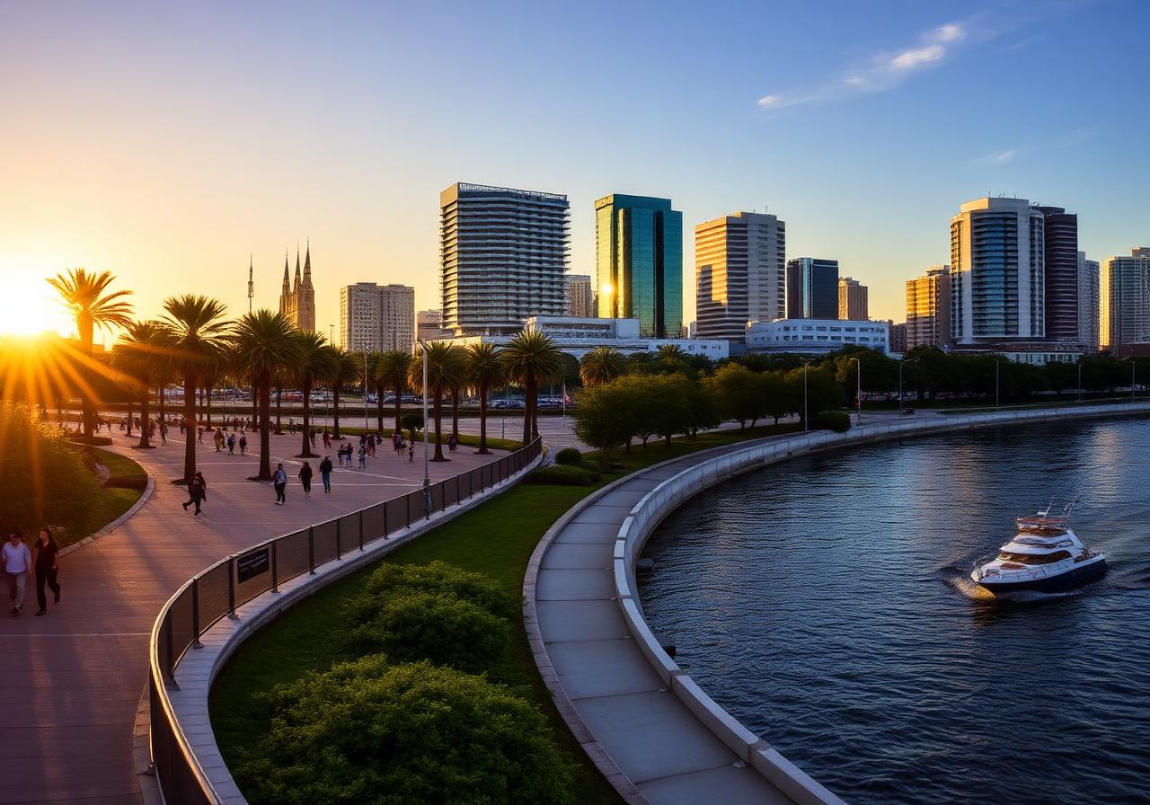 2.6-mile downtown waterfront promenade with parks, museums, restaurants, and water-taxi service. Sparkman Wharf is the food and drink hub at the end.
