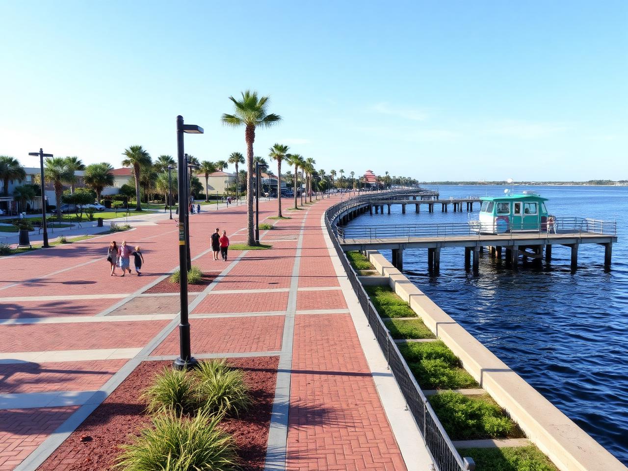 1.5 miles of waterfront on the Manatee River. Skate park, splash pad, fishing pier, public art, and the Bishop Museum of Science and Nature next door.