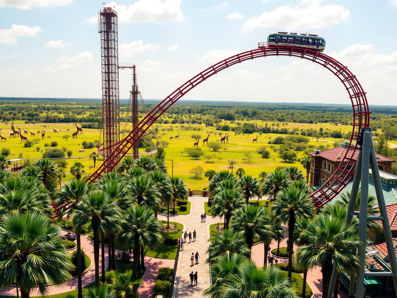 335-acre theme park and zoo. Roller coasters, the Serengeti Plain animal expedition, year-round events.