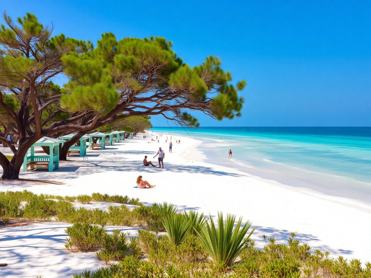 On the southern end of Anna Maria. Free public parking, picnic pavilions, lifeguards, and 100-foot wheelchair access mat. Family-friendly all day.