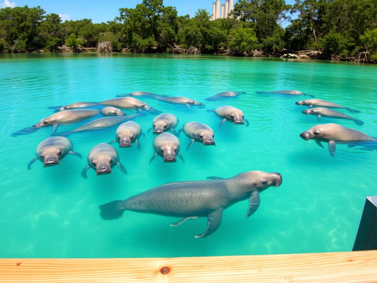 Free year-round. Tampa Electric's Big Bend Power Station discharges warm water into a sanctuary that gathers hundreds of manatees in winter. Boardwalks, education center, observation tower.