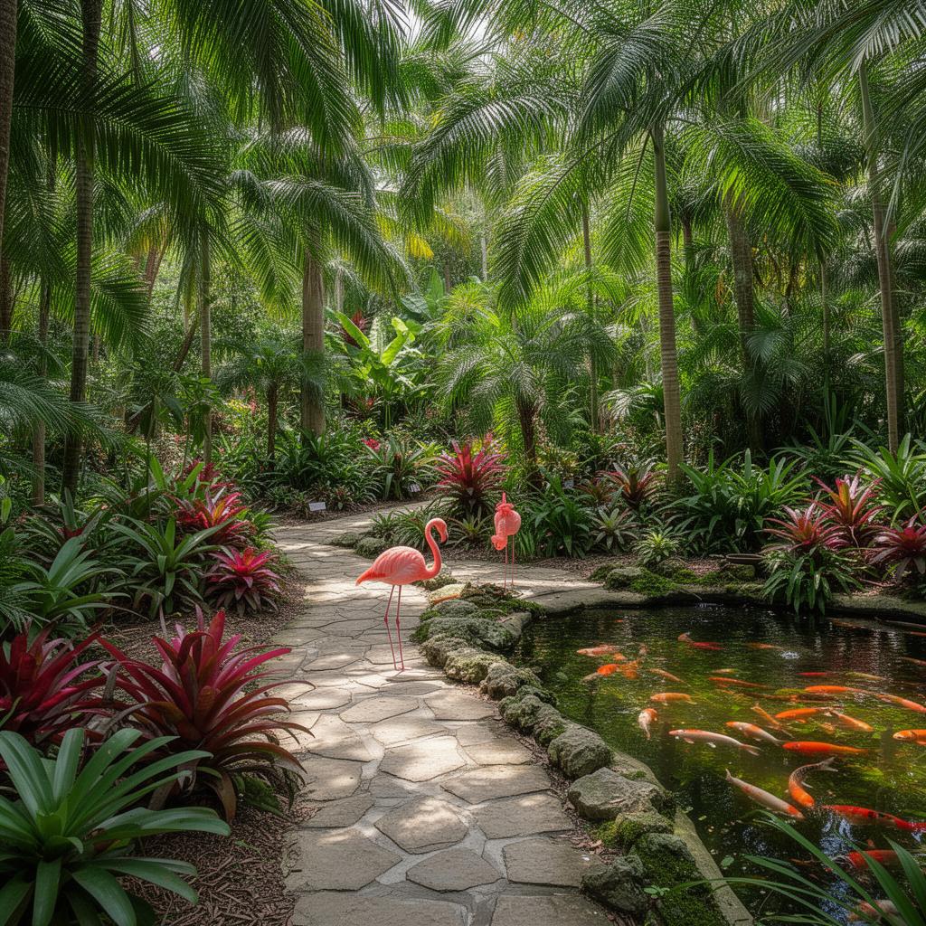 Florida's oldest living museum. 100-year-old tropical garden with flamingos, koi pond, and palm groves. Four city blocks of slow walking and quiet beauty.